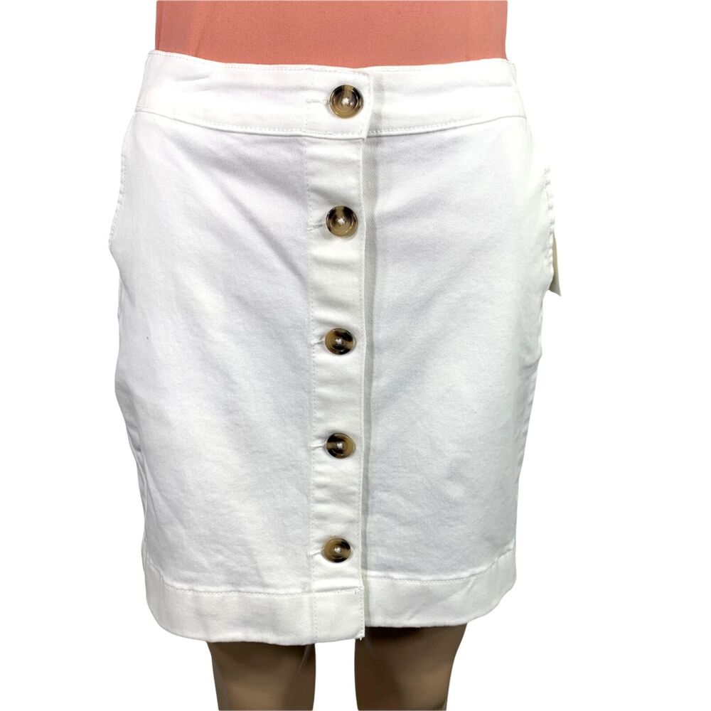 Maison Jules White Denim Button Front Mini Jean Skirt NWT Size 0 Stretch
